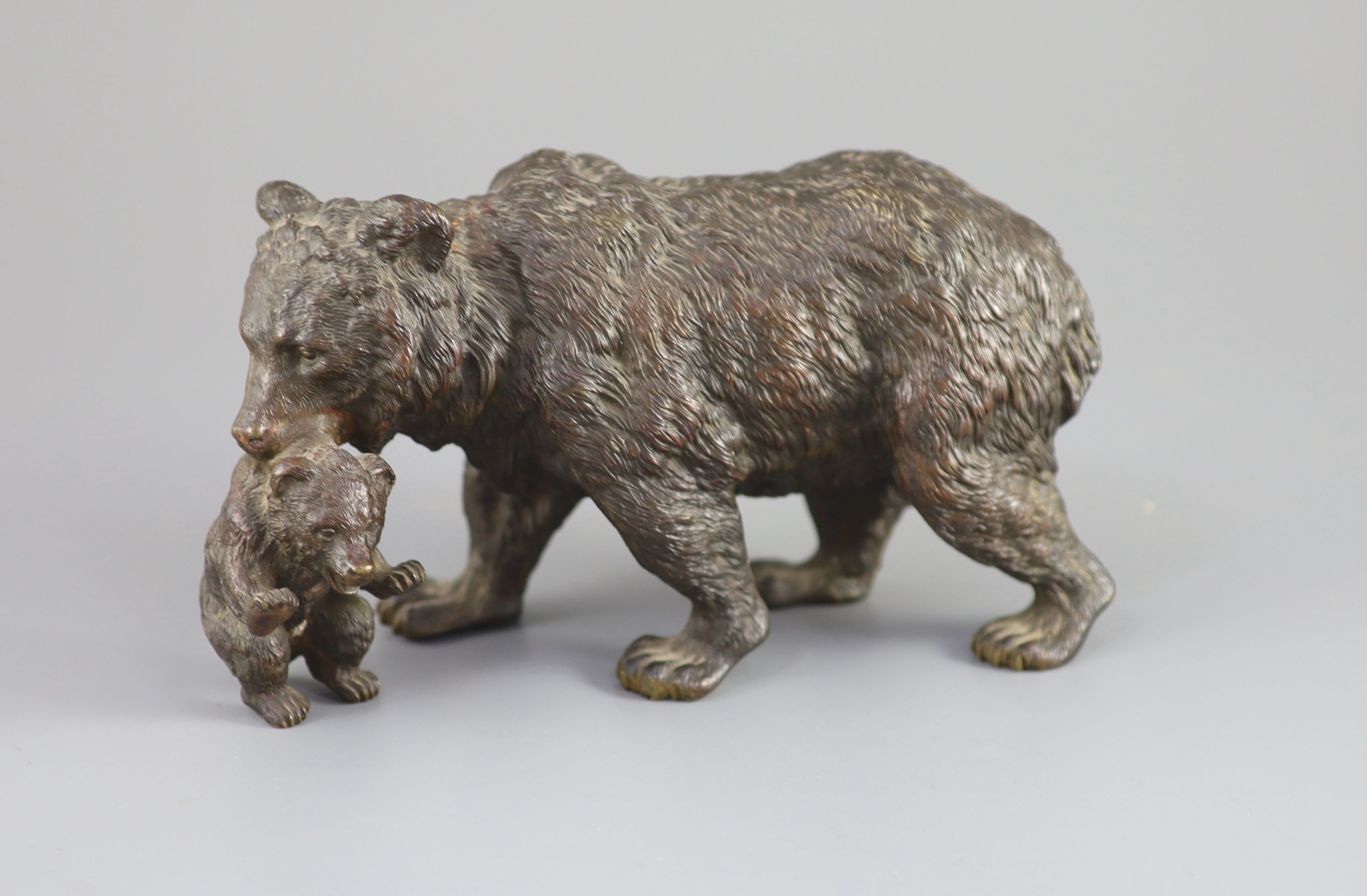 A large Viennese cold painted bronze group of a bear and cub, 19th century, probably by Bergman, 20 cm long, 11cm high